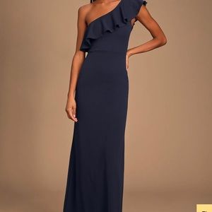 Last Forever Navy BlueOne-ShoulderRuffle MaxiDress